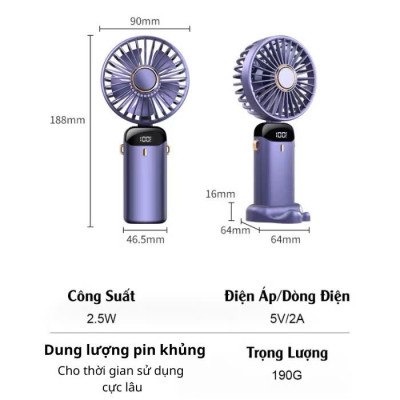 Quạt Mini Cầm Tay Tích Điện 10.000mAh, Đeo Cổ, Gấp Gọn, 5 Tốc Độ Gió Linh Hoạt - HÀNG CHÍNH HÃNG MINIIN