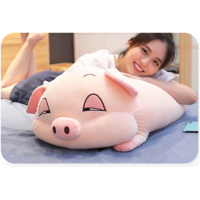 Gấu bông heo mắt híp cao cấp, thú nhồi bông heo ngủ vải nhung co giãn 4 chiều