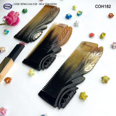 Lược Sừng Màu Vân Nưa Bằng Đầu Rùa Tắm Nắng (Size: L - 15cm) Đục Khắc Tinh Xảo - có thể bỏ túi - COH182