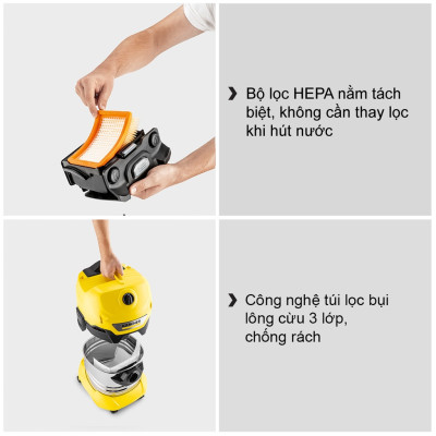 Máy hút bụi khô và ướt Karcher WD 4 S - version mới năm 2022 (Hàng chính hãng)