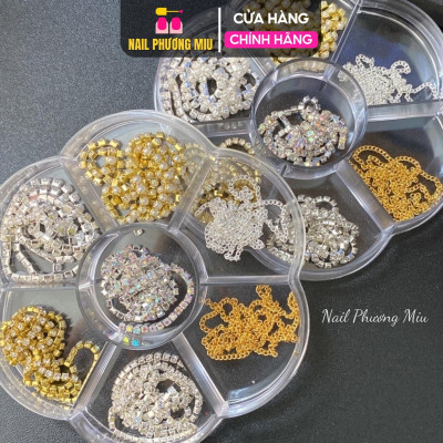 Charm Dây Xích Khay 7 Ô Kim Loại Đính Đá, Thiết Kế Đa Dạng, Bền Bỉ Không Gỉ, Dễ Cắt Tùy Chỉnh, Làm Nail Phong Cách Women Nữ