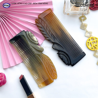 Lược Sừng Màu Vân Nưa Bằng Đầu Rùa Tắm Nắng (Size: L - 15cm) Đục Khắc Tinh Xảo - có thể bỏ túi - COH182