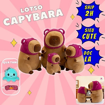 Thú nhồi bông capybara cosplay gấu dâu đáng yêu - Size từ 45cm đến 80cm - Quà tặng gấu bông chuột lang đội nón lotso êm mịn.