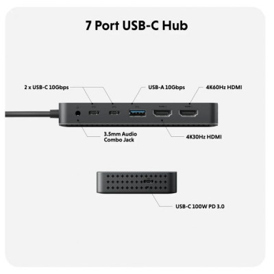 HUB chuyển đổi HyperDrive Next Dual 4K HDMI 7 In 1 Port USB-C cho Macbook M3/M2/M1 - Hỗ trợ xuất 2 màn hình, HD7002GL - Hàng Chính Hãng