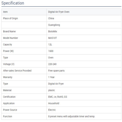 Nồi chiên không dầu điện tử dung tích lớn 12 Lít Biolomix MA510T-Hàng chính hãng 