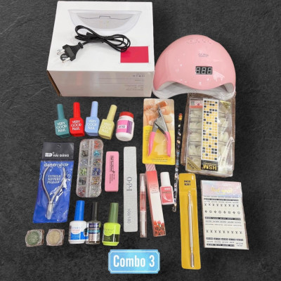 Combo Dụng Cụ Làm Nail Cá Nhân Số 3, Bộ Phụ Kiện Cơ Bản Cho Học Viên Tại Nhà, Gồm Máy Hơ Sun 5, Sơn 4 Màu, Bút Chấm Đá Nữ