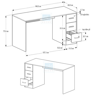 Bàn Học Tập, Làm Việc Đơn Giản Nhiều Tủ Ngăn Kéo, Chân Bàn Kết Hợp Kệ Sách SIB Decor BLV66