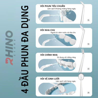 Máy tăm nước rửa răng thông minh Rhino WT101 220ml xịt nước chăm sóc răng miệng cầm tay, 3 chế độ có thể sạc - Hàng chính hãng