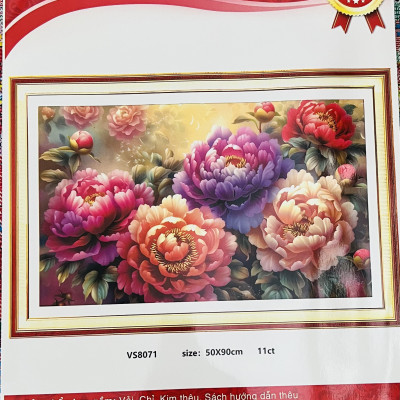 Tranh thêu kín chữ thập Hoa mẫu đơn  vs8071, kích thước 50 x 90 cm