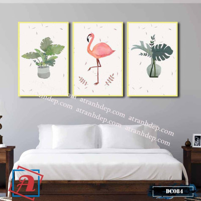 Bộ 3 tranh canvas treo tường Decor hoa lá, hồng hạc, phong cách hiện đại – DC084