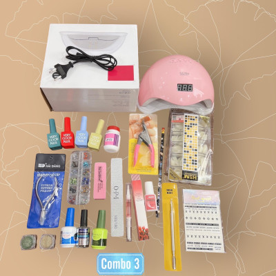 Combo Dụng Cụ Làm Nail Cá Nhân Số 3, Bộ Phụ Kiện Cơ Bản Cho Học Viên Tại Nhà, Gồm Máy Hơ Sun 5, Sơn 4 Màu, Bút Chấm Đá Nữ