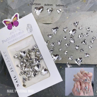 Đá Chân Bằng Hình Trái Tim Mix 3 Size To Nhỏ Làm Nail Siêu Sáng Túi Khoảng 30 Viên Size 6,9,12mm, Trang Trí Móng Sáng Lấp Lánh