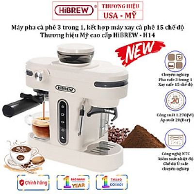 Máy Pha Cà Phê 3-trong-1 HiBREW H14 Espresso-Cappuccino-Latte Kết Hợp Máy Xay Cafe 15 Chế Độ, 1270W - Hàng Nhập Khẩu, Bảo Hành 12 Tháng