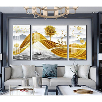 HỖ TRỢ SHIP-Siêu khuyến mại bộ ba tranh tráng gương cao cấp hươu trên dải ngân hà tài lộc