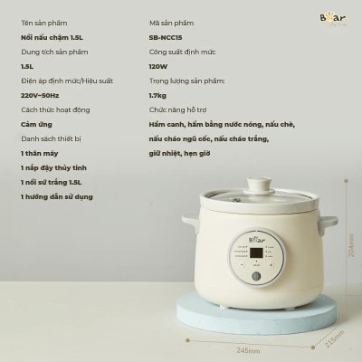 Nồi Nấu Cháo, Nấu Chậm 1.5L Bear SB-NNC15 (120W) - Hàng chính hãng