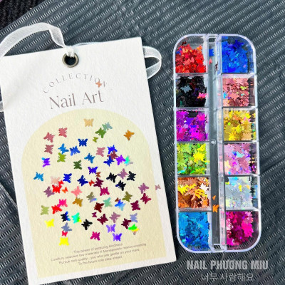 Set Kim Tuyến 12 Màu Lá Phong Bướm Sequin Làm Nail Siêu Lấp Lánh, Lá Thông Siêu Mỏng Dễ Đắp, Tạo Móng Sinh Động