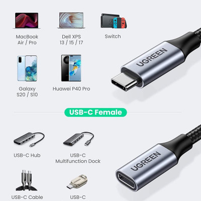 Ugreen UG80810US372TK 0.5M 3.1 gen2 4k 60hz 100w 10Gbps Cáp nối dài usb type c - HÀNG CHÍNH HÃNG