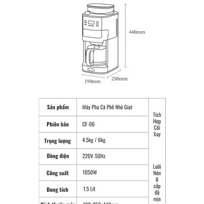 Máy Pha Cà Phê CF06 Tự Động Vừa Xay, Vừa Pha 2 Trong 1, Từ 2-12 Cốc/Lần, Hẹn Giờ Pha Thông Minh, Cối Xay Cafe Lưỡi Nón Độ Đồng Nhất Cao, Hàng Chính Hãng