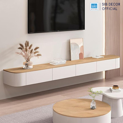 Kệ Tivi Treo Tường Bo Cong Màu Trắng Oak Dài 160/180/200/220cm Hiện Đại SIB Decor TV171