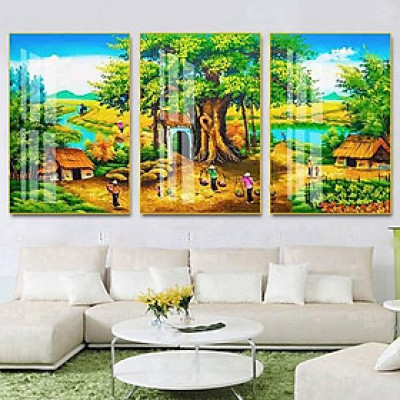 Tranh treo tường Đồng Quê tráng gương pha lê cao cấp trang trí nội thất TA11