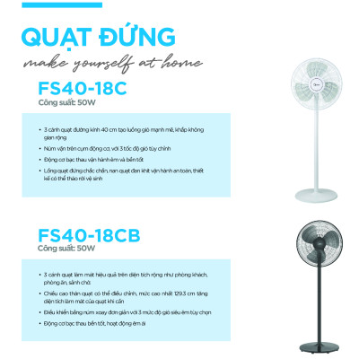 Quạt Đứng, Quạt Cây 3 Cánh Midea FS40-18C (Quạt Điện Hàng Chính Hãng, Công Suất 50W, Chỉnh Gió 3 Tốc Độ)