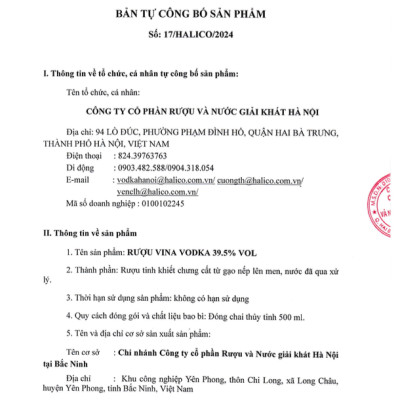 RƯỢU VINA VODKA 39.5 %VOL HALICO KHÔNG KÈM HỘP