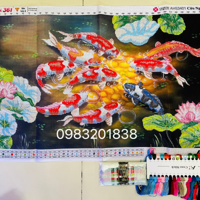 Tranh thêu chữ thập cửu ngư quần hội AL53401, kích thước 100 x 62 cm