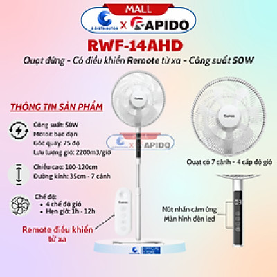 Quạt đứng Rapido RWF-16AHD / RWF-14AHD (Điều khiển từ xa) - Có Chức Năng Điều Khiển Remote Từ Xa - Hàng Chính Hãng - Bảo Hành 12 Tháng