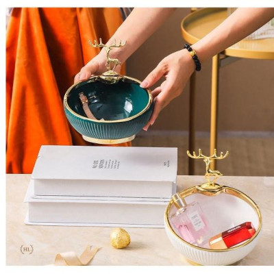Bát Sứ Đựng Kẹo Phụ Kiện Decor 2022 | Âu Sứ Decor Kẻ Vàng Kim Vân Nổi Hình Hươu Mạ Vàng ( Hàng Có Sẵn )