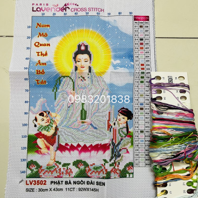 Tranh thêu chữ thập Phật quan âm LV3502, kích thước 30*43 cm