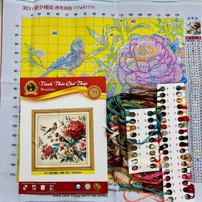 Tranh thêu kín chữ thập đôi chim và hoa mẫu đơn 3011, kích thước 50 x 50 cm