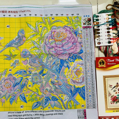 Tranh thêu kín chữ thập đôi chim và hoa mẫu đơn 3011, kích thước 50 x 50 cm