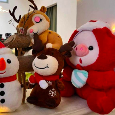 Thú nhồi bông heo cosplay đội nón - Size 35cm - Quà tặng gấu bông heo ôm bình sữa màu đỏ đáng yêu.