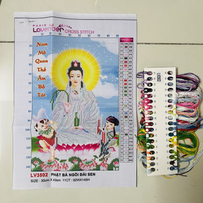 Tranh thêu chữ thập Phật quan âm LV3502, kích thước 30*43 cm