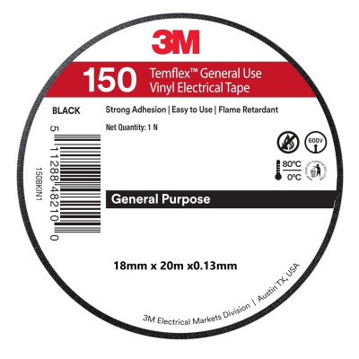 Băng keo điện PVC 3M Temflex 150 18mm x 20m 3M-BK150 - Chống cháy, cách điện tốt, chịu nhiệt cao, sử dụng linh hoạt