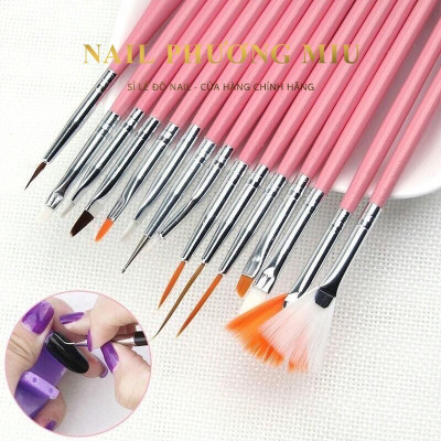 Cọ Vẽ Móng Làm Nail Sét 15 Cây Cán Nhựa Abs, Tay Cầm Không Gỉ, Đầu Lông Mềm Dẻo Đen Hồng Dài 14cm Tạo Mẫu Móng - Nail Phương Miu