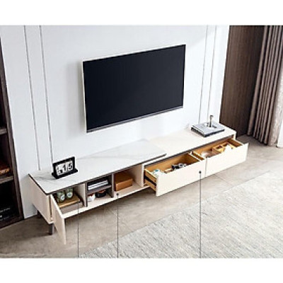 Bàn trà vân đá gỗ công nghiệp hiện đại phòng khách chung cư kết hợp tủ tivi có thể kéo ra thu vào LH058