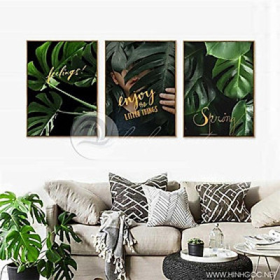 SAle off 50% bộ ba tranh tráng gương cao cấp treo tường lá xanh
