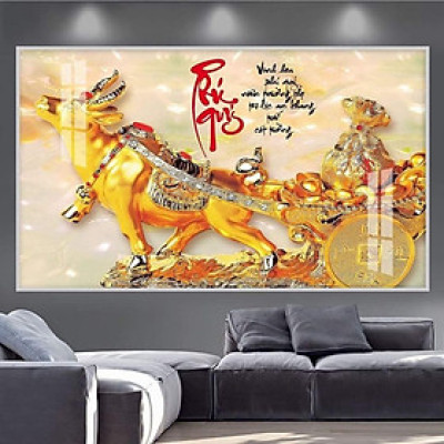 (ẢNH THẬT) Tranh treo tường tráng gương trâu vàng tài lộc 1 bo viền tặng kèm đinh treo
