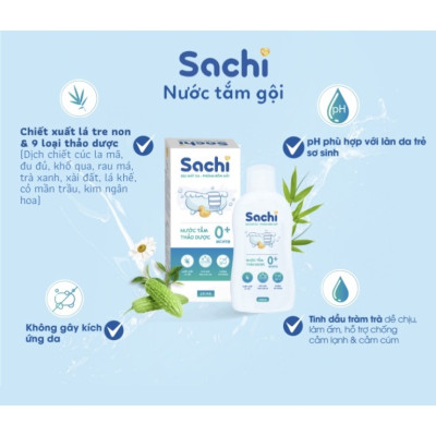 Nước Tắm Thảo Dược An Toàn Cho Bé SACHI Hộp 10 Gói x 10ml Làm Sạch Nhẹ Nhàng Diu Mát Da, Ngăn Ngừa Mảng Bám Da Đầu