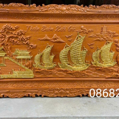 Tranh thuận buồm xuôi gió bằng gỗ gõ pu dát vàng cao cấp kt 67×127×4cm