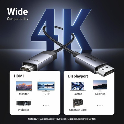 Ugreen UG15773DP119TK 1M 4K60Hz 2K144Hz 1080P240Hz Cáp chuyển Displayport sang HDMI dây bọc dù - HÀNG CHÍNH HÃNG