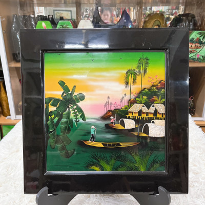 Tranh sơn mài đồng quê vẽ màu đẹp Thanh Bình Lê, hàng xuất khẩu 30x30 cm