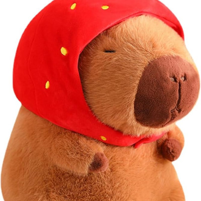 Thú nhồi bông capybara đội mũ dâu tây đáng yêu - Size từ 35cm đến 85cm - Quà tặng gấu bông capybara mang balô dâu tây trên lưng - Gối ôm chuột lang dễ thương cho bé.