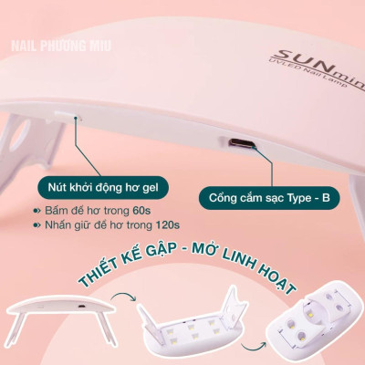 Đèn Hơ Móng Tay Sun Mini 6W Gọn Nhẹ 6 Đèn LED UV Trắng Hồng Để Bàn Bỏ Túi Tiện Lợi, Đèn Sấy Móng Tay Nhanh Khô Sơn Bóng Cố Định Charm Đá