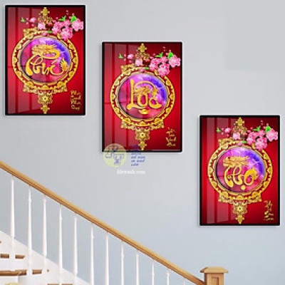 Tranh Phúc Lộc Thọ, bộ tranh treo tường tráng gương trang trí treo cầu thang 