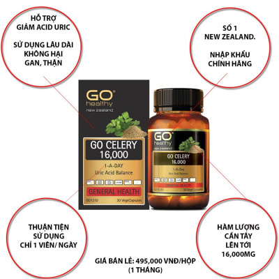 Viên gout nhập khẩu chính hãng New Zealand GO CELERY 16000mg (30 viên) giúp giảm các triệu chứng bệnh gút: giảm uric acid, làm giảm triệu chứng sưng đau do gut