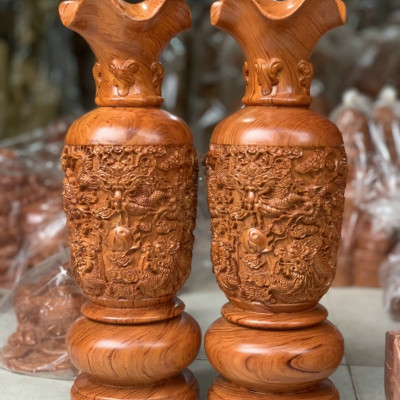 Cặp lục bình trạm khắc tứ linh long ly quy phượng ,phong thủy hút tài lộc ,bằng gỗ hương đá kt cao 50×14,5cm