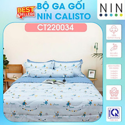 NEW 2024 Bộ 3,4 món drap cotton, áo gối NIN Calisto CT220034 1m2, 1m4, 1m6, 1m8 bọc nệm bo chun, cao cấp