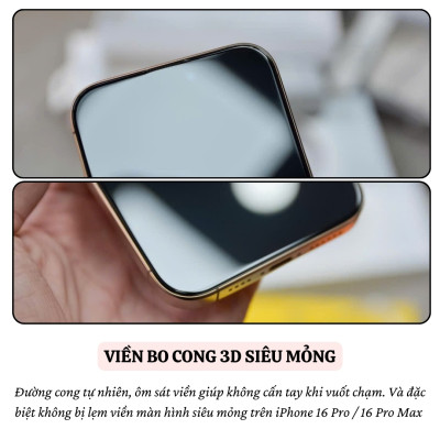 Kính cường lực viền siêu mỏng hiệu Hoda Curved 3D cho iPhone 16 Pro Max iP 15 Pro Max 16 Plus 15 Plus -Không lẹm viền, Phủ Nano, vát cạnh 3D, độ cứng 9H - Hàng nhập khẩu